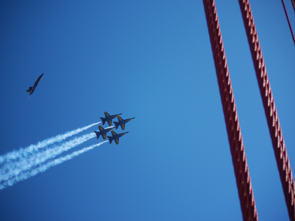 Blue Angels over the Golden Gate Bridge.